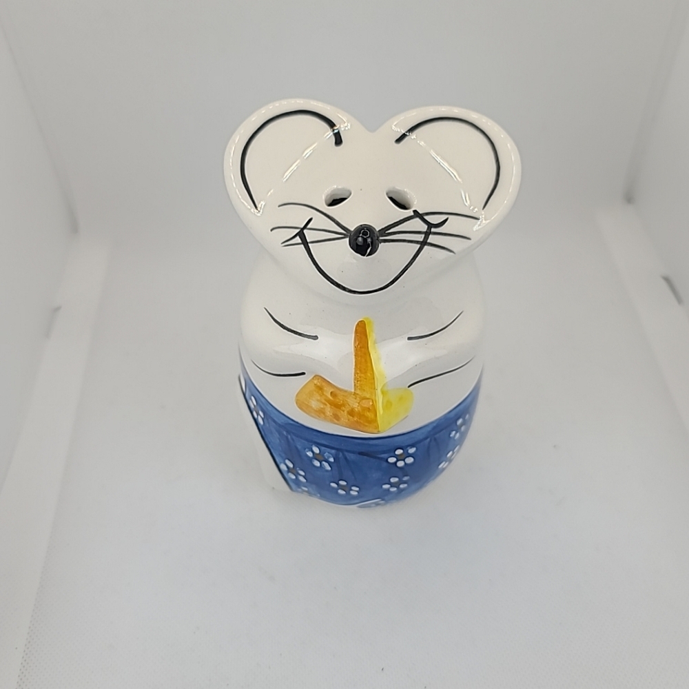 Vintage Mouse Parmesan Cheese Shaker Ceramic Blue Stripped Apron